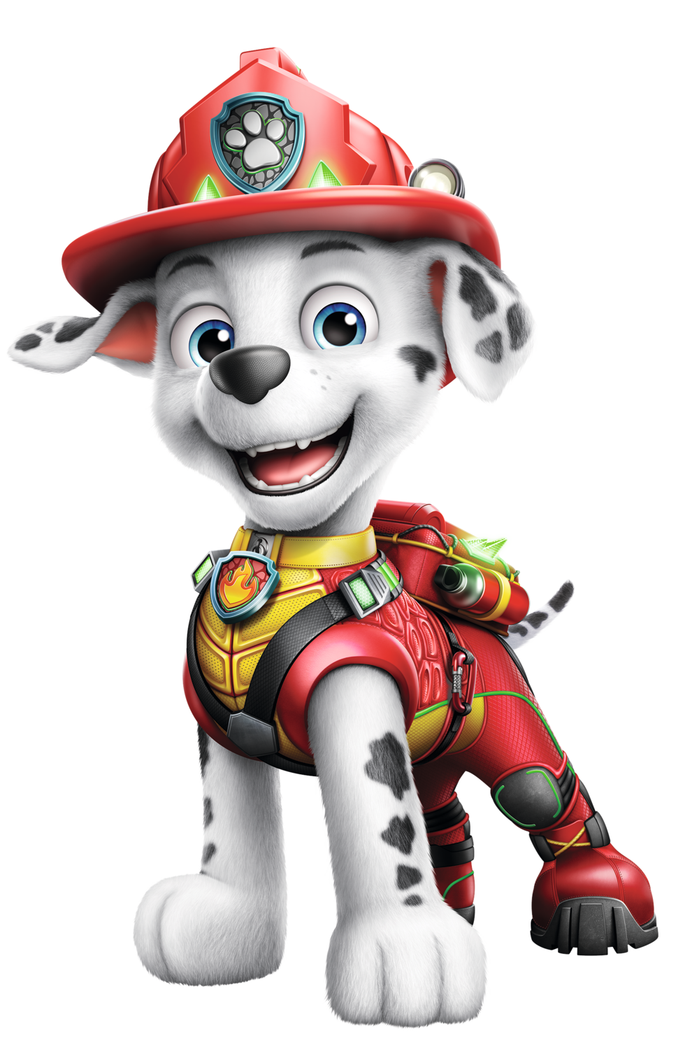 Dalmatian dog with firefighter helmet and rescue symbol.