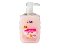 Pink liquid handwash with almond scent and moisturizing properties, with a pump dispenser.