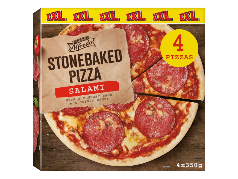 Stonebaked salami pizza box, with 4 pizzas of 350g each.