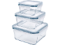 Three stacked glass containers with blue plastic lids and clip closures.