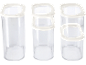 Transparent food storage containers with white lids, in various sizes.