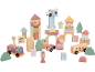 Wooden building block set with pastel-colored vehicles and buildings.
