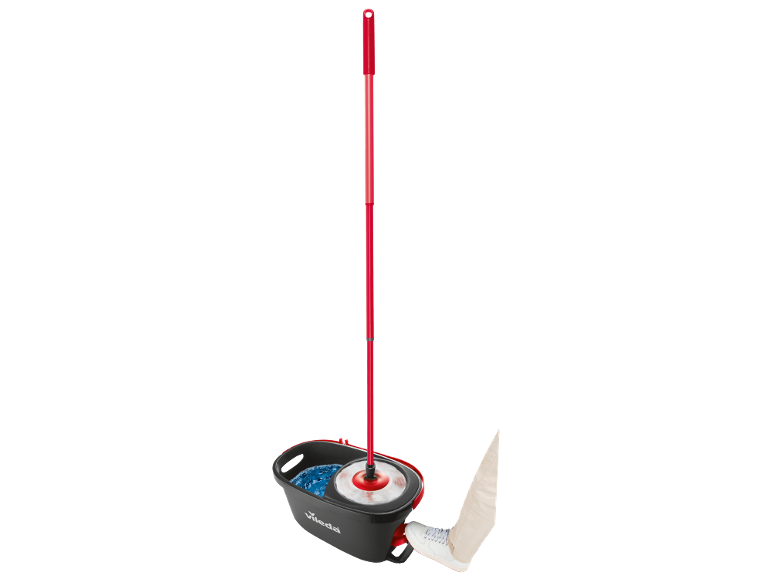 Red mop with a bucket filled with water and a foot pressing a pedal.