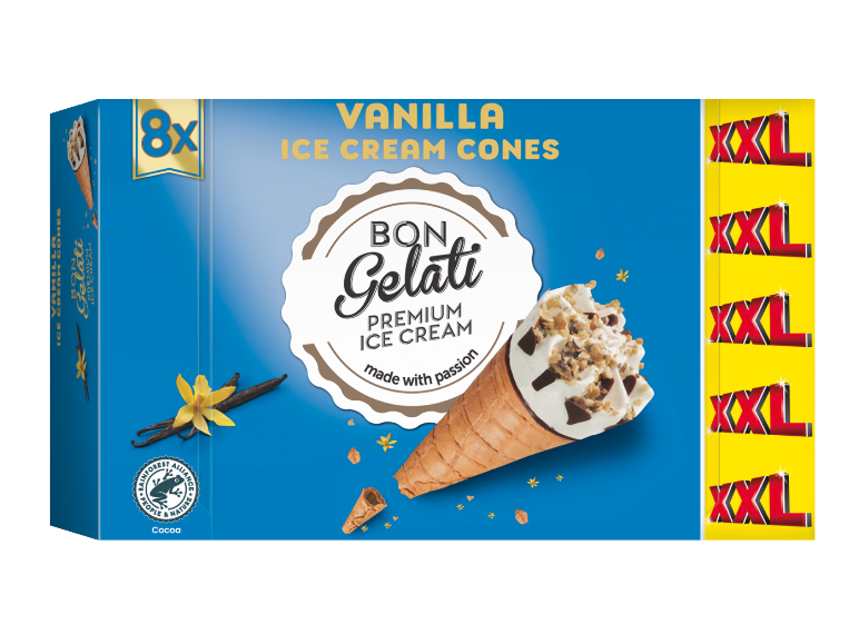 Vanilla ice cream cones, 8-pack, with Bon Gelati branding and Rainforest Alliance certification.