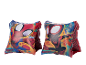 Children's swimming armbands with superhero design, one red and one black.