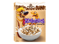 Cinnamon cereal box with cartoon mascots and a bowl of cereal with milk.