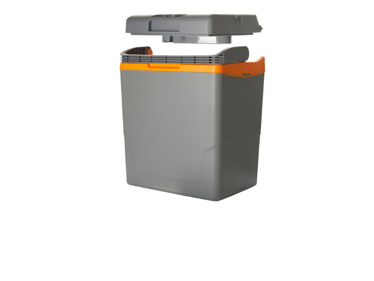 Grey portable cooler with orange trim and partially open lid.