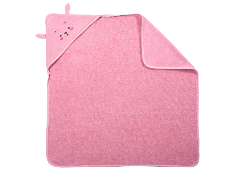 Pink baby hooded towel with a bear face