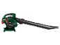Green and black petrol leaf blower with a white fuel tank