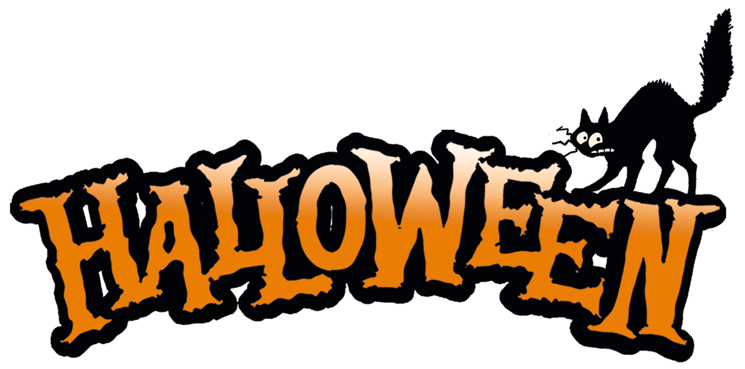 HALLOWEEN text in orange with a black cat.