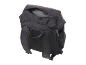 Black backpack with an open top compartment and mesh back.