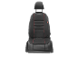 Black car seat cover with red accents and adjustable headrest.