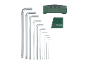 Set of nine hex keys with a holder and a green gauge.