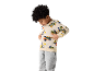 Boy in construction vehicle print sweatshirt and grey sweatpants.