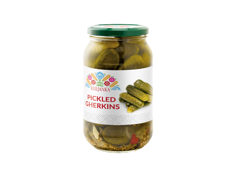 Jar of pickled gherkins with a folk-art inspired label.