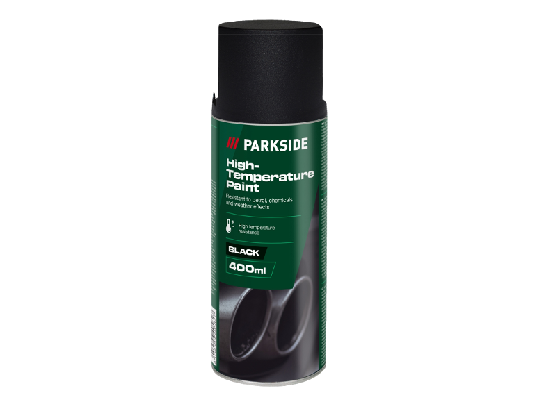400ml black high-temperature paint spray, resistant to petrol and chemicals.