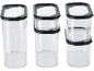 Three transparent food storage containers with black lids, one with an inner container.