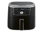 Black air fryer with silver accents and a digital display showing 200 °C.