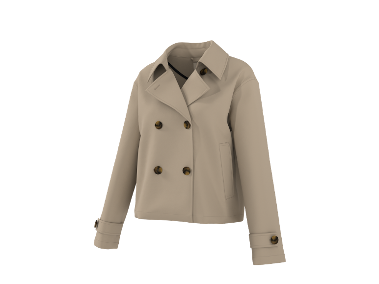 Beige double-breasted short jacket with brown buttons.