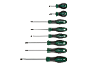 Screwdriver set with green and black handles, various sizes and tips.
