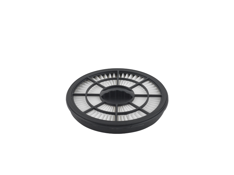 Round replacement vacuum cleaner filter with white pleats and a black frame.