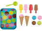 Toy ice cream set with a polka dot tray, scoop, popsicles, and ice cream scoops.