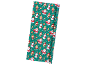 Green Christmas wrapping paper with Santa, elves, and snowmen.