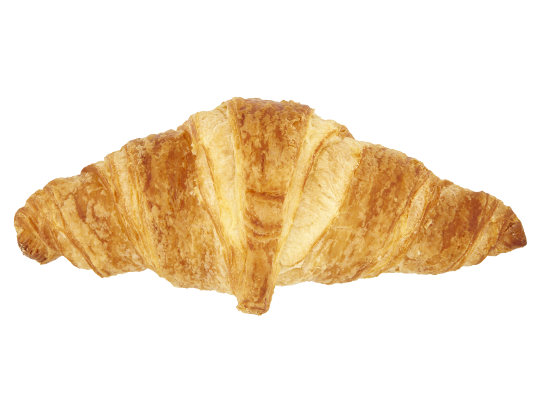 A golden, flaky croissant on a black background.