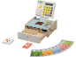 Wooden toy cash register with play money, credit card, and product cards.