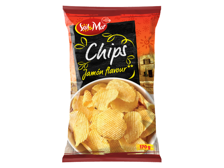 Bag of ham flavour chips, with a bowl of crinkle cut chips and 170 g.