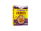 Cinnamon churros cereal box, highlighting cinnamon taste, crunchiness, and fiber source.