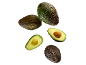 Whole and halved avocados floating on a black background.