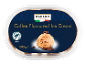 Coffee flavoured ice cream in a container, with a scoop of ice cream and coffee beans.
