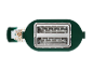 Top-down view of a green toaster with a crumb tray pulled out, showing crumbs.