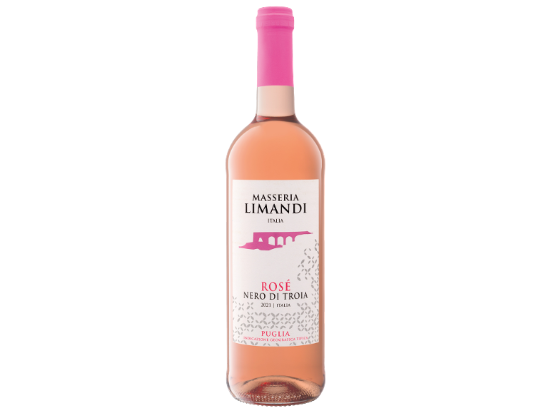 Bottle of rosé wine with a white label, black text, and a pink bridge motif.