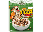 Caramel and cocoa cereal box with a cartoon tiger and a bowl of cereal with milk.