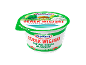 Cottage cheese container with a rural landscape illustration and a spoon of cottage cheese.