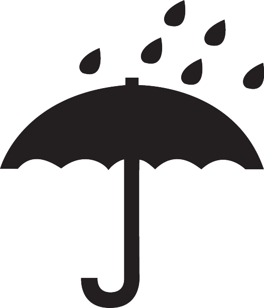 Symbol of an umbrella with raindrops, indicating to keep dry.