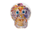 Transparent skull filled with colorful candies and paper eyes, on a black background.