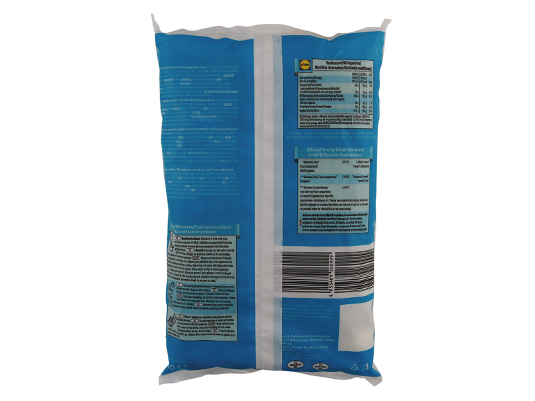 A package of frozen potato dumplings with minced meat filling, with nutritional information and cooking instructions.