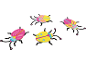Four colorful papercraft bugs with pink, yellow, and blue details.
