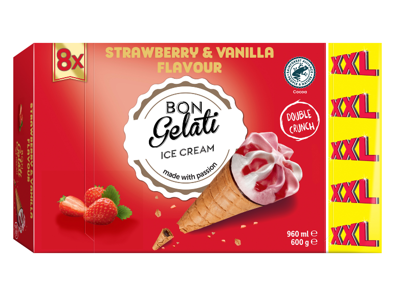 Strawberry and vanilla ice cream cones, 8 count, with double crunch.