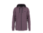 Dark purple hooded jacket with a zipper and a logo on the chest.