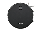 Round black robotic vacuum cleaner with power and home buttons, and side brushes.