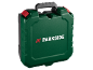 Green toolbox with black handles and red clasps, featuring the logo on the front.