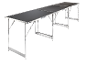 Long folding table with a black surface and silver aluminum frame.