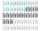 Rows of light blue, dark grey, and white clothes pegs on a black background.