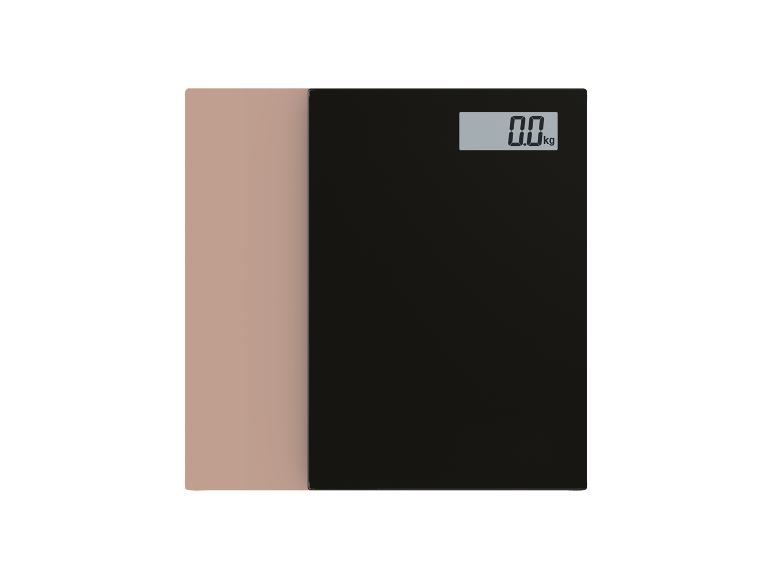 Electronic bathroom scale with a black glass platform and a beige backing, displaying 0.0 kg.