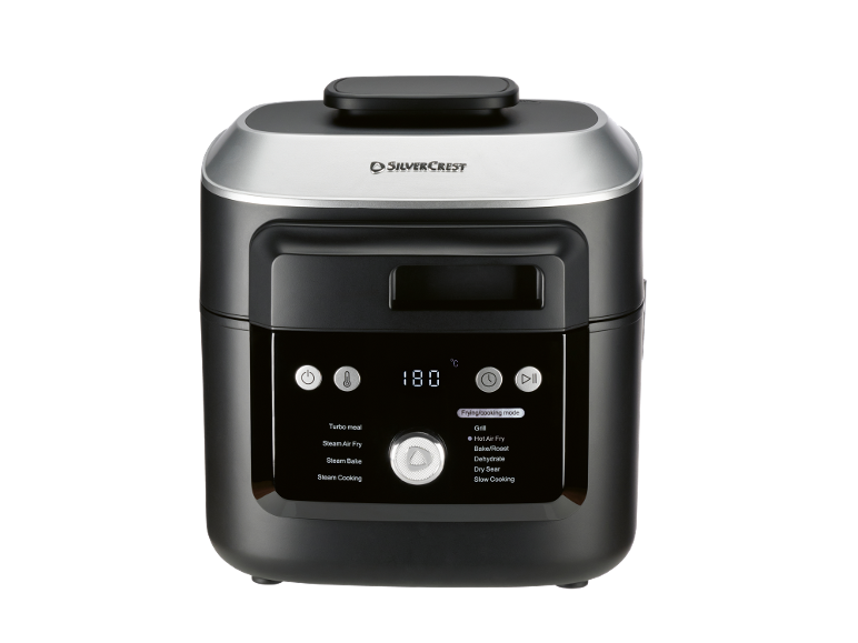 Multifunction cooking pot with steam and frying modes, digital display, and temperature control.