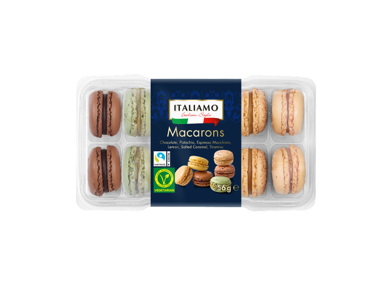 Packaged macarons with chocolate, pistachio, espresso, lemon, salted caramel, and tiramisu flavors.